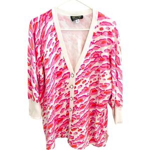 Bob Mackie Wearable Art Cardigan Sweater Womens 1X Pink Animal Print
